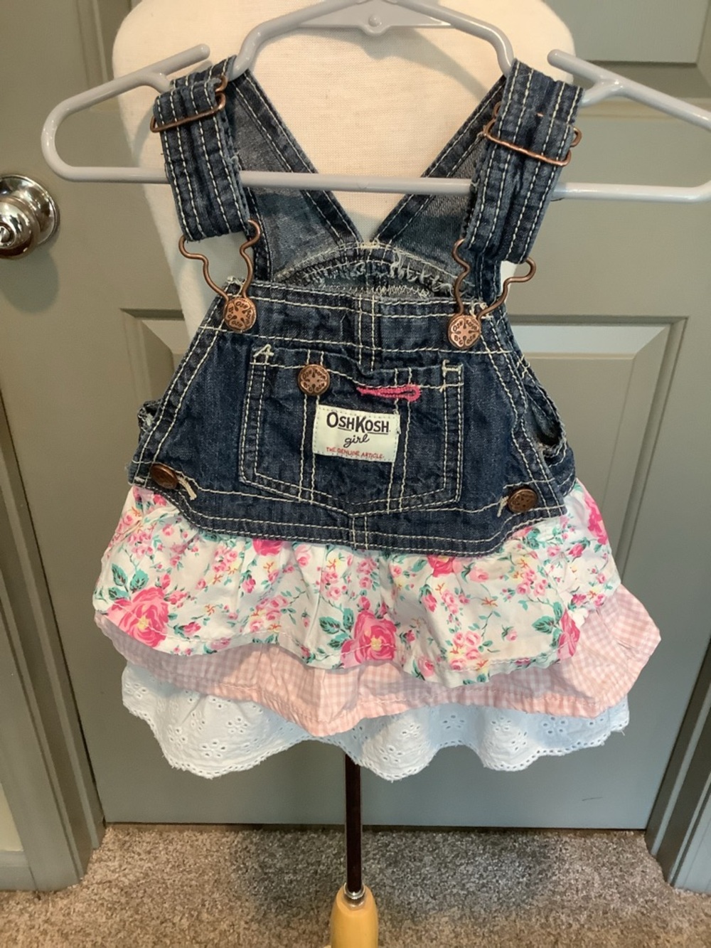 OshKosh B'gosh Denim Floral Ruffle Overall Skirt - Blue/Pink/White 9 Months